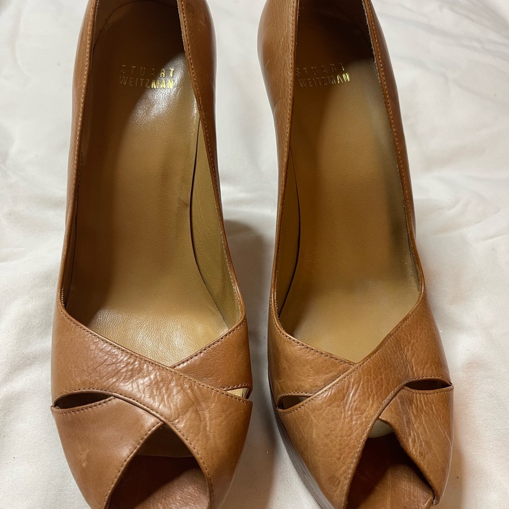 Stuart Weitzman Tan Leather Peep Toe Heels